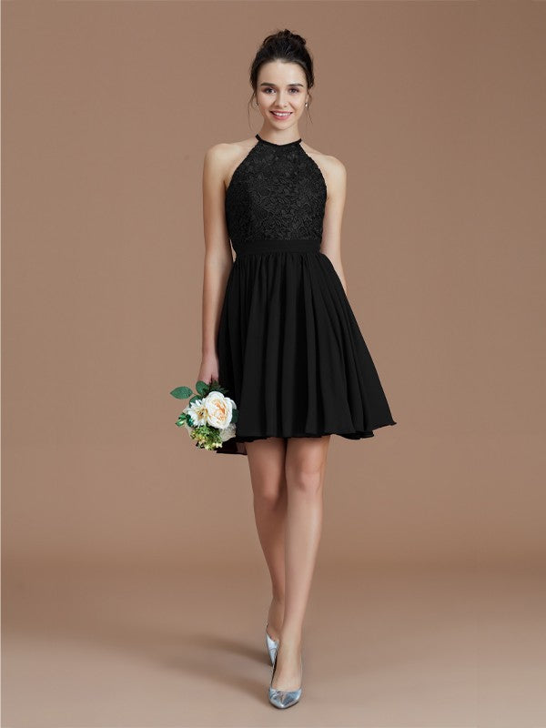 A-Line/Princess Halter Sleeveless Lace Short/Mini Chiffon Bridesmaid Dresses Wedding Guest Dress
