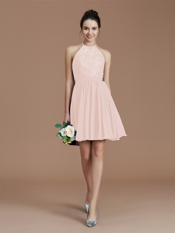 A-Line/Princess Halter Sleeveless Lace Short/Mini Chiffon Bridesmaid Dresses Wedding Guest Dress