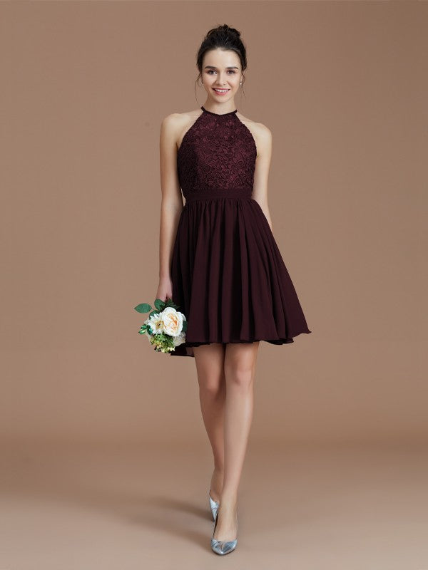 A-Line/Princess Halter Sleeveless Lace Short/Mini Chiffon Bridesmaid Dresses Wedding Guest Dress
