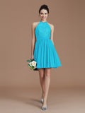 A-Line/Princess Halter Sleeveless Lace Short/Mini Chiffon Bridesmaid Dresses Wedding Guest Dress