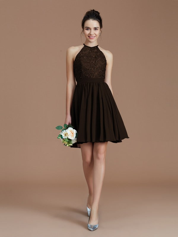 A-Line/Princess Halter Sleeveless Lace Short/Mini Chiffon Bridesmaid Dresses Wedding Guest Dress