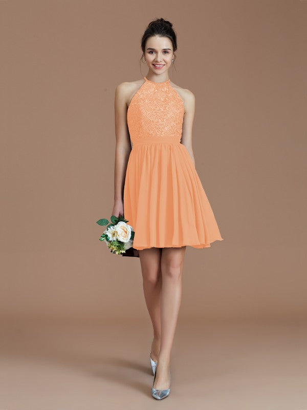 A-Line/Princess Halter Sleeveless Lace Short/Mini Chiffon Bridesmaid Dresses Wedding Guest Dress