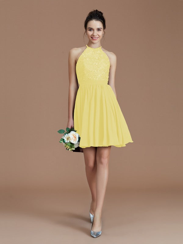 A-Line/Princess Halter Sleeveless Lace Short/Mini Chiffon Bridesmaid Dresses Wedding Guest Dress