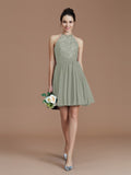 A-Line/Princess Halter Sleeveless Lace Short/Mini Chiffon Bridesmaid Dresses Wedding Guest Dress