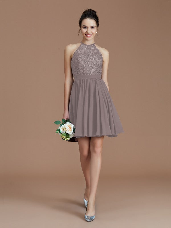 A-Line/Princess Halter Sleeveless Lace Short/Mini Chiffon Bridesmaid Dresses Wedding Guest Dress
