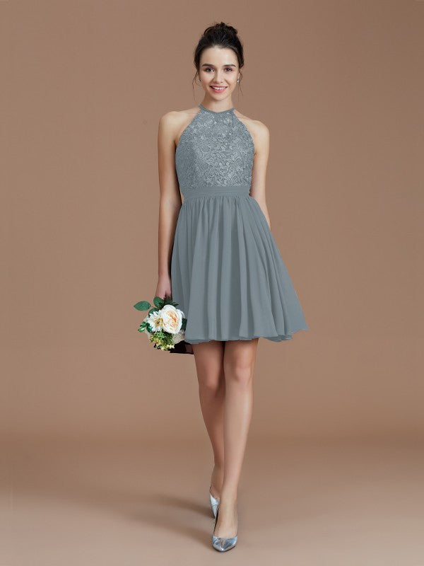 A-Line/Princess Halter Sleeveless Lace Short/Mini Chiffon Bridesmaid Dresses Wedding Guest Dress