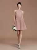 A-Line/Princess Halter Sleeveless Lace Short/Mini Chiffon Bridesmaid Dresses Wedding Guest Dress