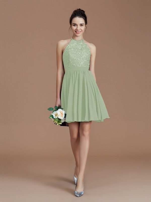 A-Line/Princess Halter Sleeveless Lace Short/Mini Chiffon Bridesmaid Dresses Wedding Guest Dress