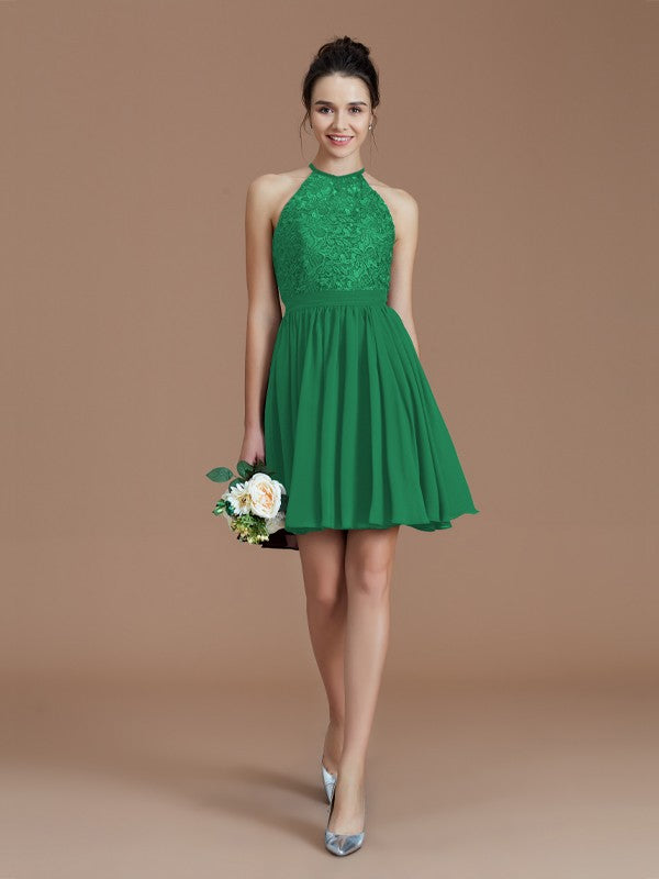 A-Line/Princess Halter Sleeveless Lace Short/Mini Chiffon Bridesmaid Dresses Wedding Guest Dress