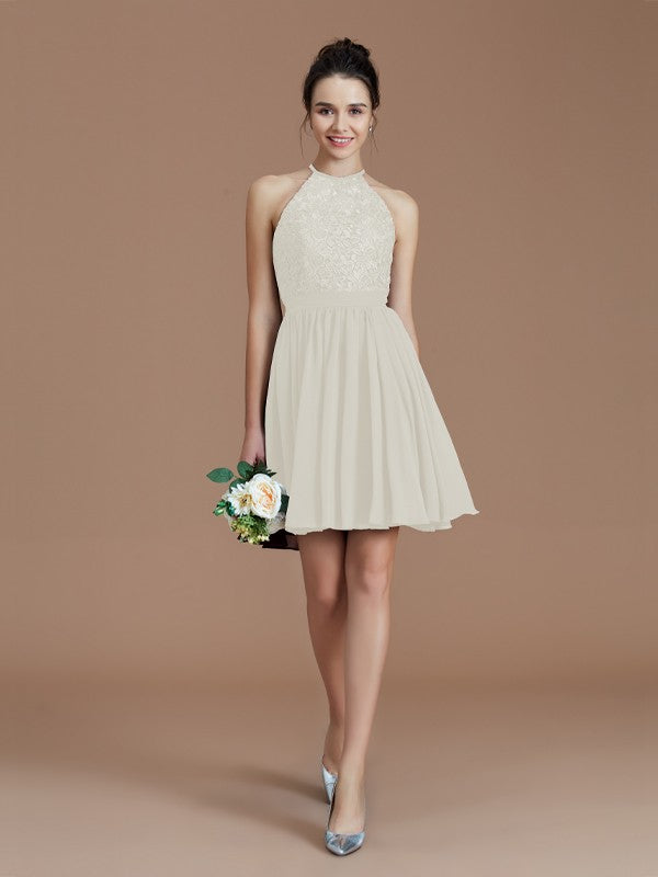A-Line/Princess Halter Sleeveless Lace Short/Mini Chiffon Bridesmaid Dresses Wedding Guest Dress