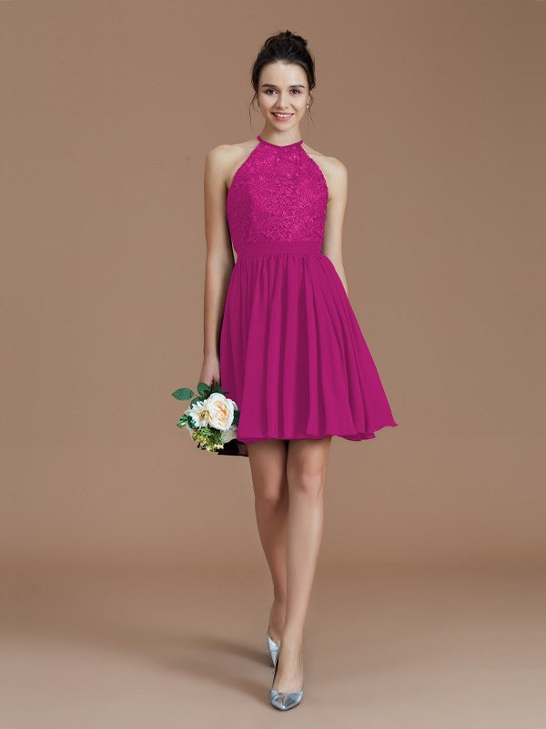 A-Line/Princess Halter Sleeveless Lace Short/Mini Chiffon Bridesmaid Dresses Wedding Guest Dress