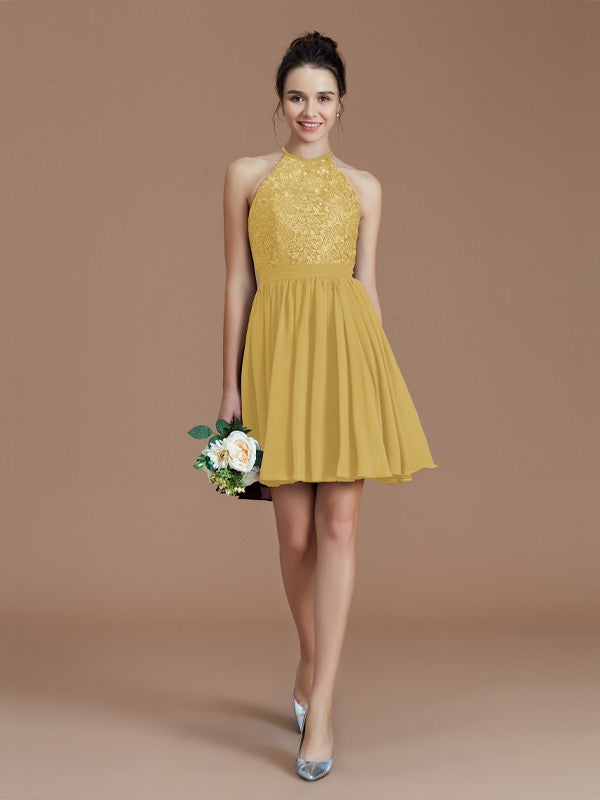 A-Line/Princess Halter Sleeveless Lace Short/Mini Chiffon Bridesmaid Dresses Wedding Guest Dress