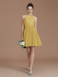 A-Line/Princess Halter Sleeveless Lace Short/Mini Chiffon Bridesmaid Dresses Wedding Guest Dress