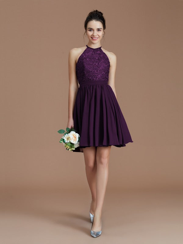 A-Line/Princess Halter Sleeveless Lace Short/Mini Chiffon Bridesmaid Dresses Wedding Guest Dress