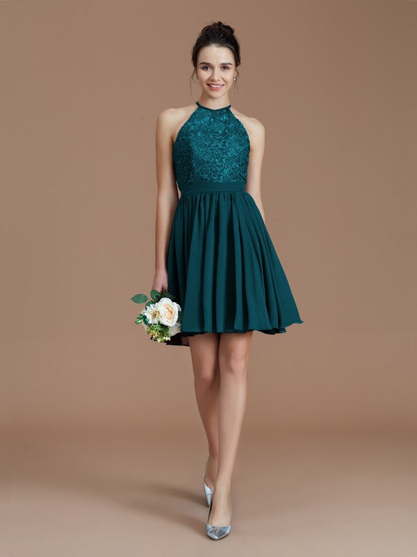 A-Line/Princess Halter Sleeveless Lace Short/Mini Chiffon Bridesmaid Dresses Wedding Guest Dress