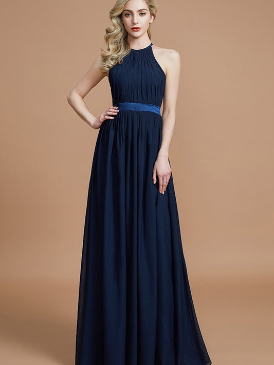 A-Line/Princess Halter Sleeveless Ruched Floor-Length Chiffon Bridesmaid Dresses Evening Prom Dress