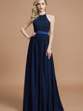 A-Line/Princess Halter Sleeveless Ruched Floor-Length Chiffon Bridesmaid Dresses Evening Prom Dress