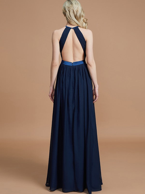 A-Line/Princess Halter Sleeveless Ruched Floor-Length Chiffon Bridesmaid Dresses Evening Prom Dress