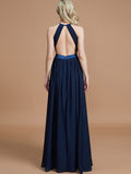 A-Line/Princess Halter Sleeveless Ruched Floor-Length Chiffon Bridesmaid Dresses Evening Prom Dress