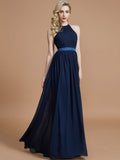 A-Line/Princess Halter Sleeveless Ruched Floor-Length Chiffon Bridesmaid Dresses Evening Prom Dress