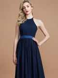 A-Line/Princess Halter Sleeveless Ruched Floor-Length Chiffon Bridesmaid Dresses Evening Prom Dress