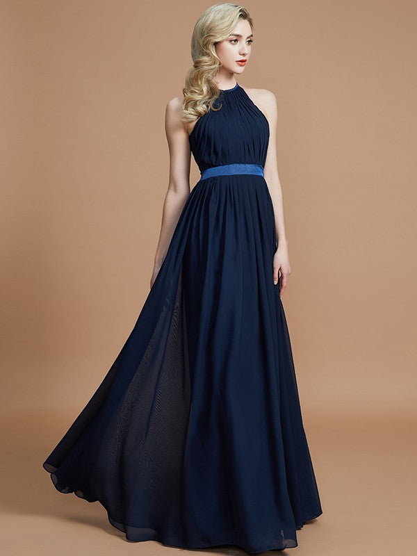 A-Line/Princess Halter Sleeveless Ruched Floor-Length Chiffon Bridesmaid Dresses Evening Prom Dress