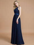 A-Line/Princess Halter Sleeveless Ruched Floor-Length Chiffon Bridesmaid Dresses Evening Prom Dress