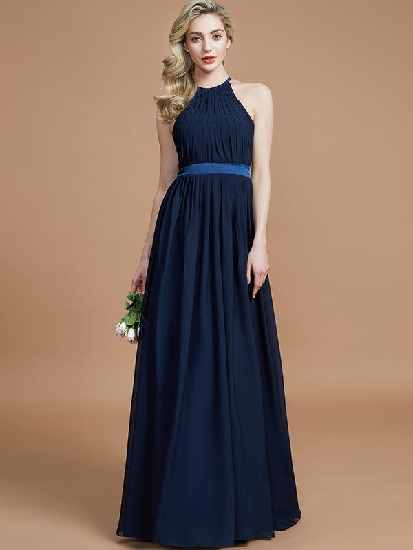 A-Line/Princess Halter Sleeveless Ruched Floor-Length Chiffon Bridesmaid Dresses Evening Prom Dress