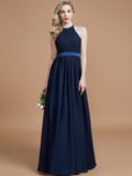 A-Line/Princess Halter Sleeveless Ruched Floor-Length Chiffon Bridesmaid Dresses Evening Prom Dress