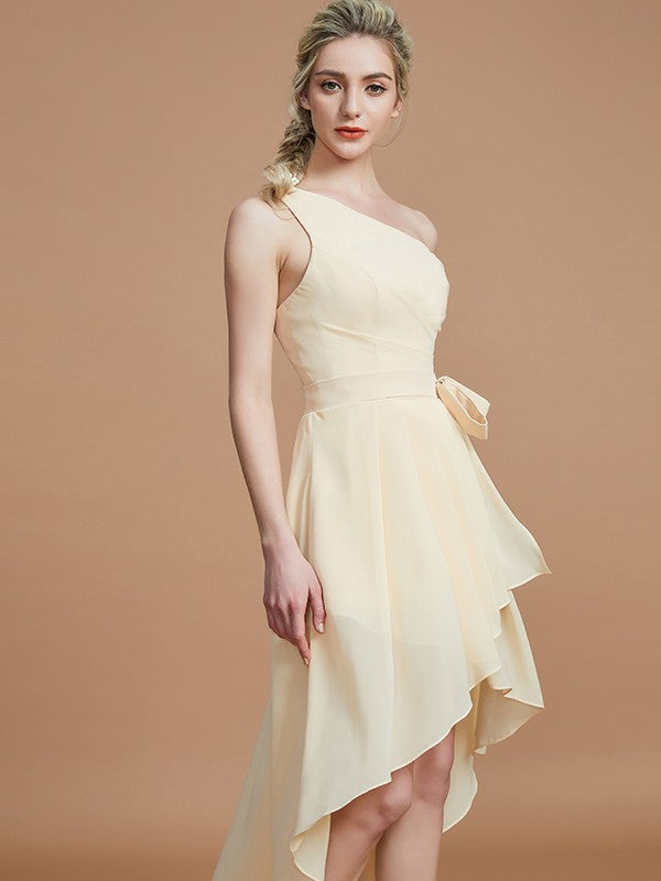 A-Line/Princess One-Shoulder Sleeveless Layers Asymmetrical Chiffon Bridesmaid Dresses Prom Dress