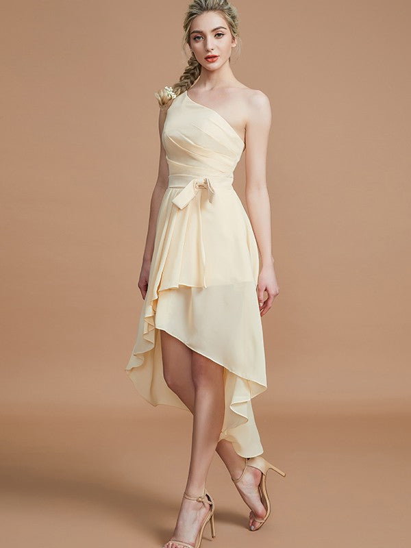 A-Line/Princess One-Shoulder Sleeveless Layers Asymmetrical Chiffon Bridesmaid Dresses Prom Dress