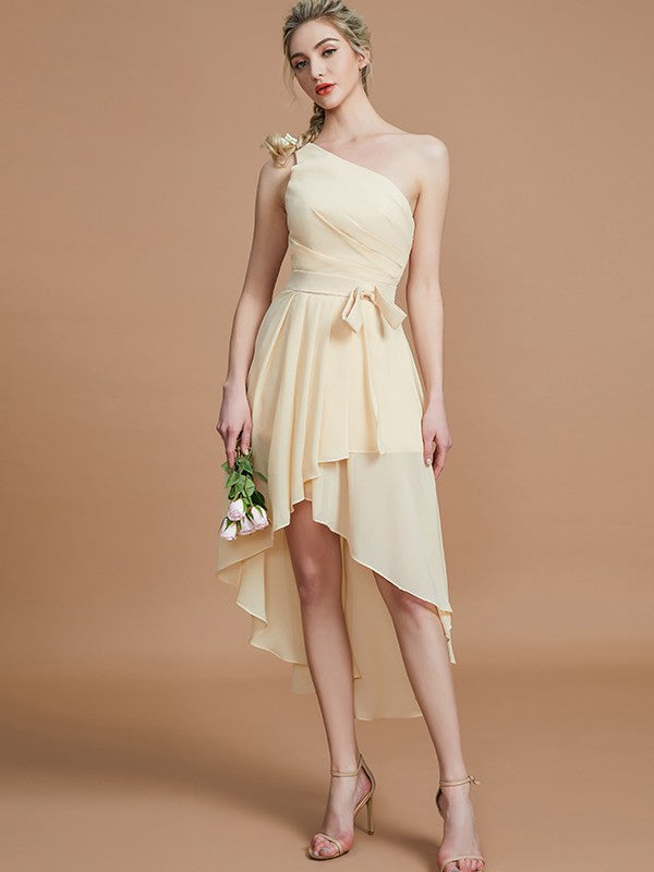 A-Line/Princess One-Shoulder Sleeveless Layers Asymmetrical Chiffon Bridesmaid Dresses Prom Dress