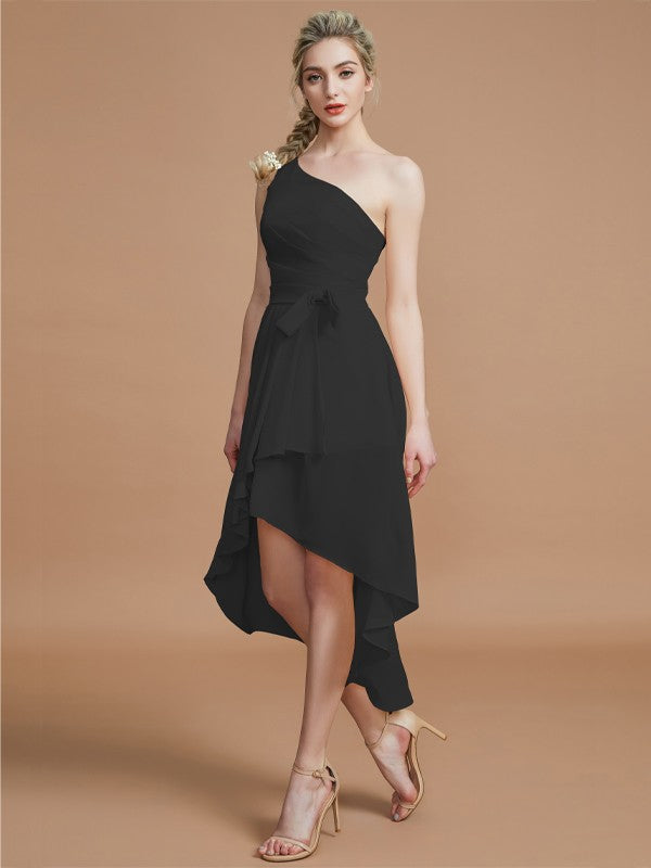A-Line/Princess One-Shoulder Sleeveless Layers Asymmetrical Chiffon Bridesmaid Dresses Prom Dress