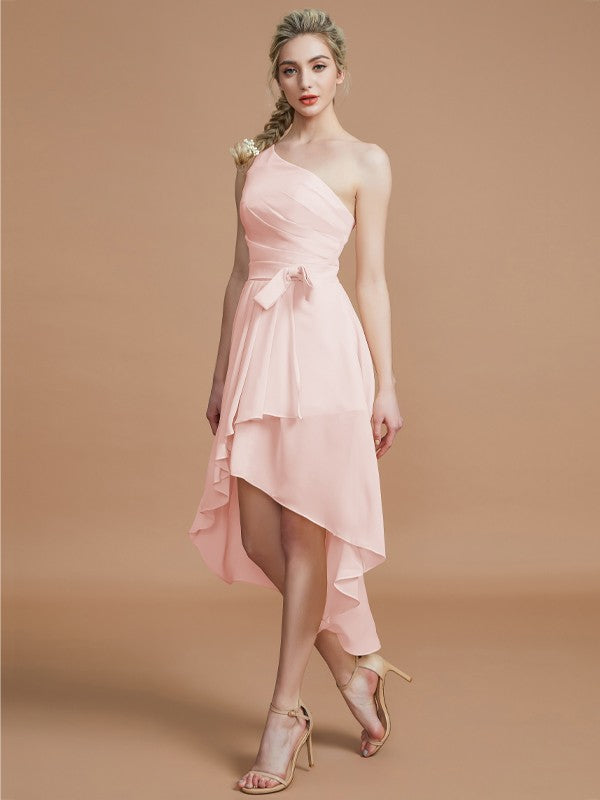 A-Line/Princess One-Shoulder Sleeveless Layers Asymmetrical Chiffon Bridesmaid Dresses Prom Dress