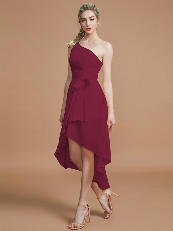 A-Line/Princess One-Shoulder Sleeveless Layers Asymmetrical Chiffon Bridesmaid Dresses Prom Dress