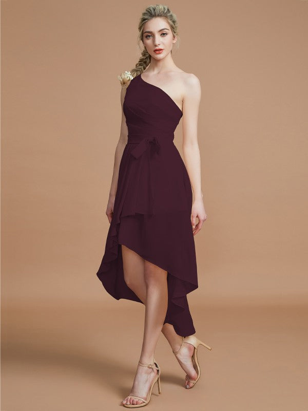 A-Line/Princess One-Shoulder Sleeveless Layers Asymmetrical Chiffon Bridesmaid Dresses Prom Dress