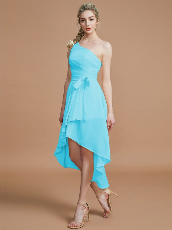 A-Line/Princess One-Shoulder Sleeveless Layers Asymmetrical Chiffon Bridesmaid Dresses Prom Dress