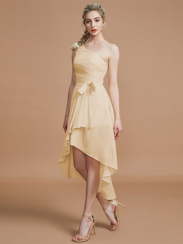 A-Line/Princess One-Shoulder Sleeveless Layers Asymmetrical Chiffon Bridesmaid Dresses Prom Dress