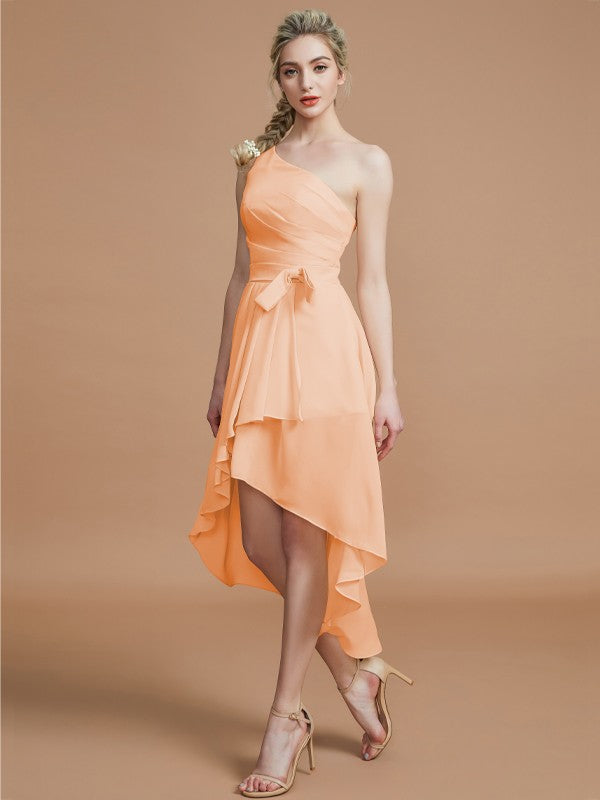 A-Line/Princess One-Shoulder Sleeveless Layers Asymmetrical Chiffon Bridesmaid Dresses Prom Dress