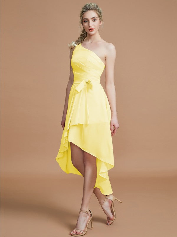 A-Line/Princess One-Shoulder Sleeveless Layers Asymmetrical Chiffon Bridesmaid Dresses Prom Dress