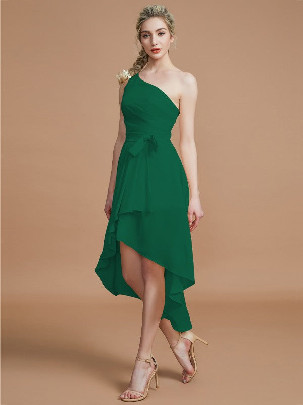 A-Line/Princess One-Shoulder Sleeveless Layers Asymmetrical Chiffon Bridesmaid Dresses Prom Dress