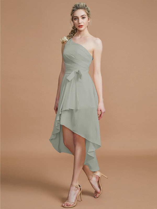 A-Line/Princess One-Shoulder Sleeveless Layers Asymmetrical Chiffon Bridesmaid Dresses Prom Dress
