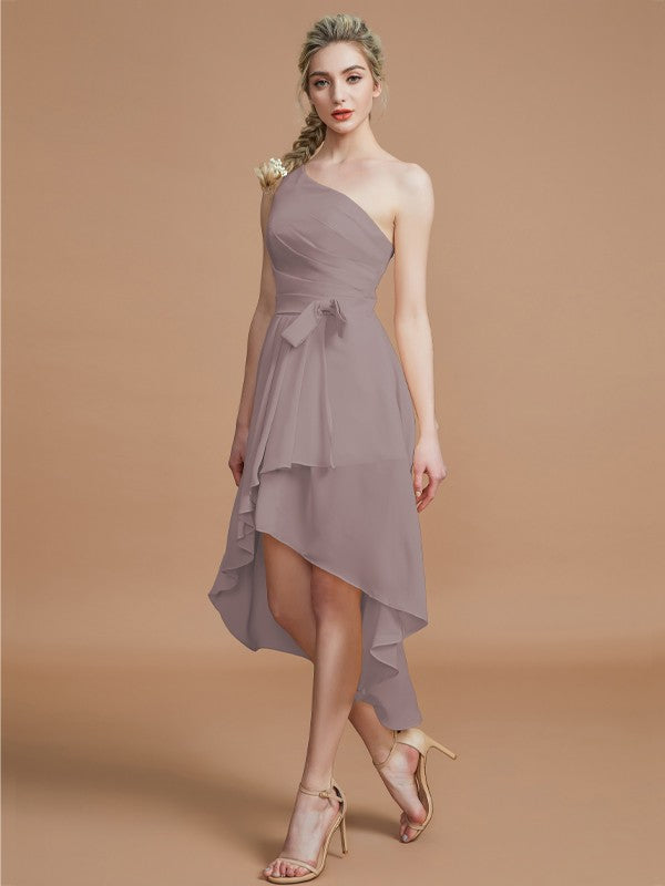 A-Line/Princess One-Shoulder Sleeveless Layers Asymmetrical Chiffon Bridesmaid Dresses Prom Dress