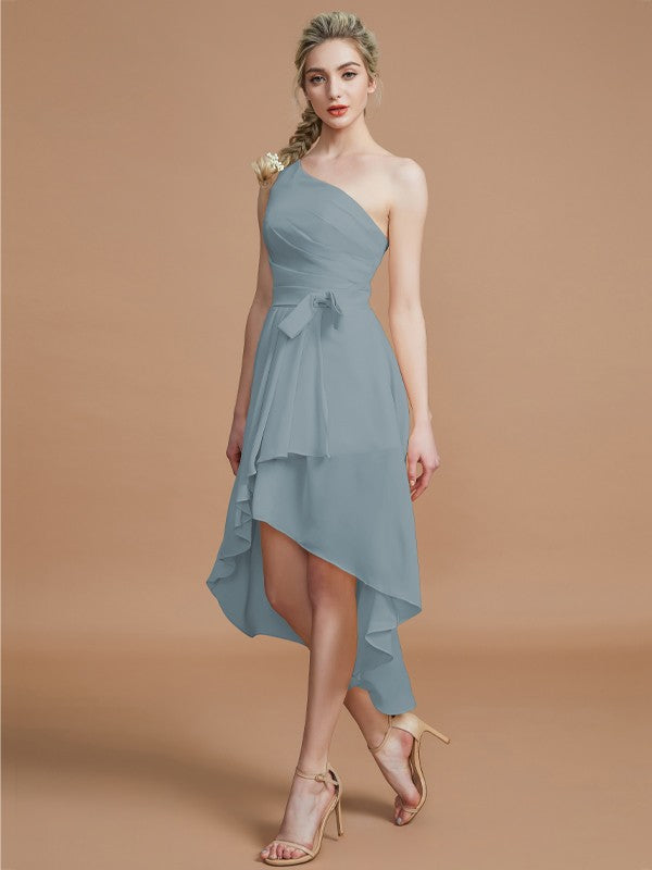 A-Line/Princess One-Shoulder Sleeveless Layers Asymmetrical Chiffon Bridesmaid Dresses Prom Dress