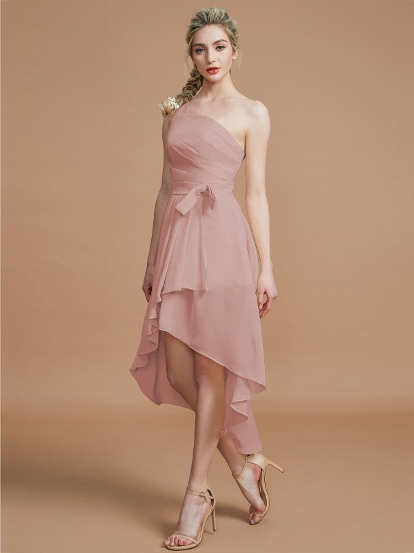 A-Line/Princess One-Shoulder Sleeveless Layers Asymmetrical Chiffon Bridesmaid Dresses Prom Dress