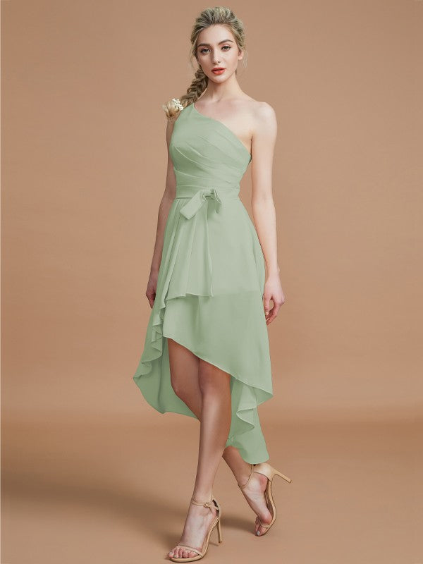 A-Line/Princess One-Shoulder Sleeveless Layers Asymmetrical Chiffon Bridesmaid Dresses Prom Dress