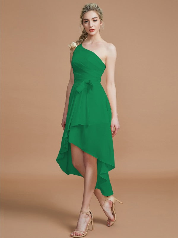 A-Line/Princess One-Shoulder Sleeveless Layers Asymmetrical Chiffon Bridesmaid Dresses Prom Dress