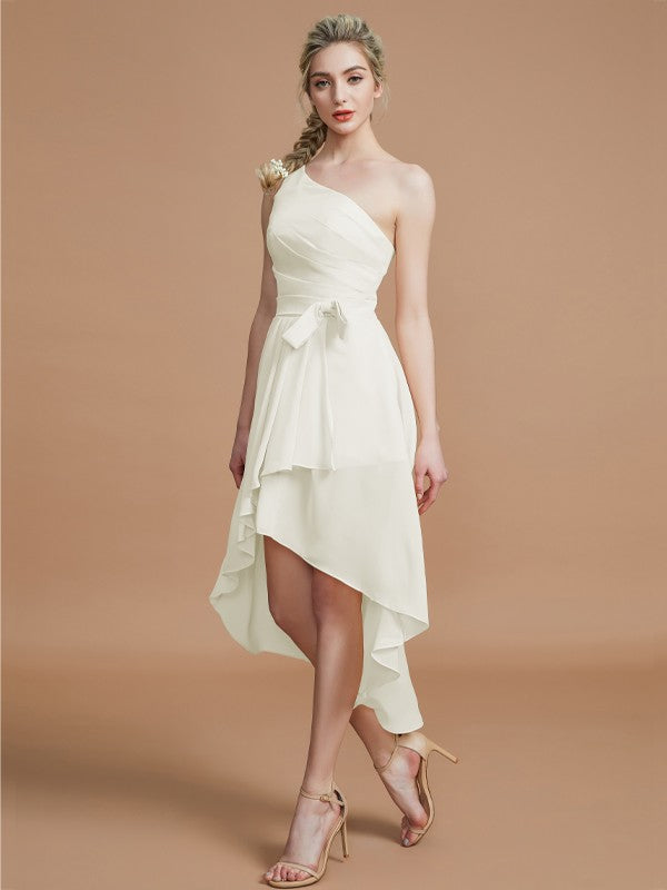 A-Line/Princess One-Shoulder Sleeveless Layers Asymmetrical Chiffon Bridesmaid Dresses Prom Dress
