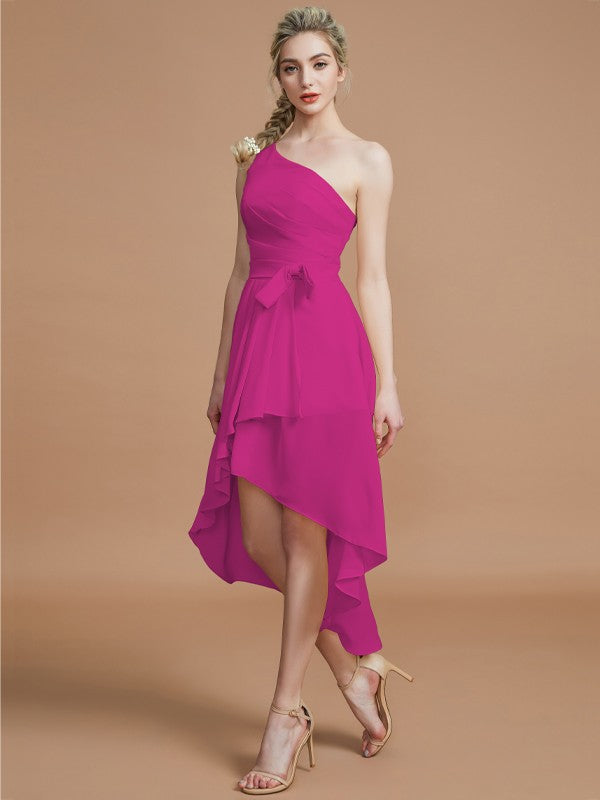 A-Line/Princess One-Shoulder Sleeveless Layers Asymmetrical Chiffon Bridesmaid Dresses Prom Dress