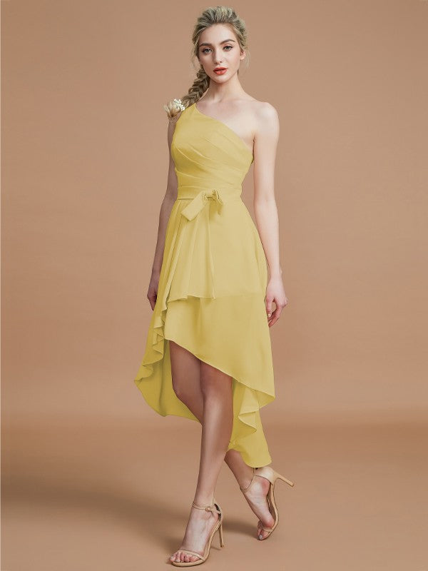 A-Line/Princess One-Shoulder Sleeveless Layers Asymmetrical Chiffon Bridesmaid Dresses Prom Dress